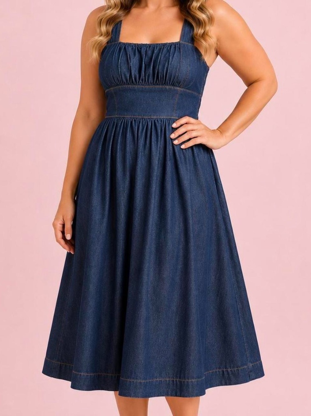 Altar'd State Navy Denim Midi Dress with Square Neck